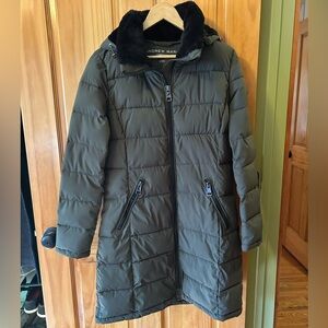 Sleek but warm and cozy, long, hooded Andrew Marc stretch puffer